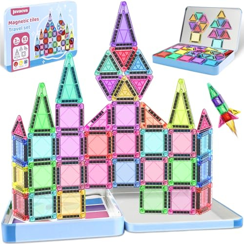Jsvacva 61 Stück Magnetische Bausteine für Kinder, Mini Reisen Magnetic Tiles Spielzeug,Montessori Magnetbausteine Weihnachten Geschenke für 3 4 5 6 7 8+ Jahre Mädchen Jungen (Mit Aufbewahrungsbox)