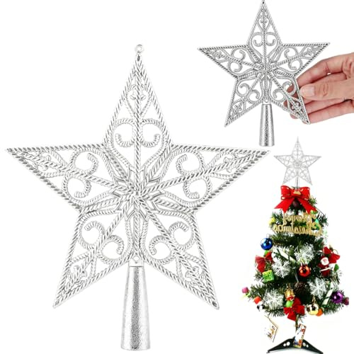 Weihnachtsbaumspitze Stern Silber, Christbaumspitze in Stern-Form, Weihnachtsbaum Silber Sterns aus Kunststoff, Vintage Star Tree Topper Sterns Weihnachtsbaumspitze, Für Weihnachten, Fest, Zuhause