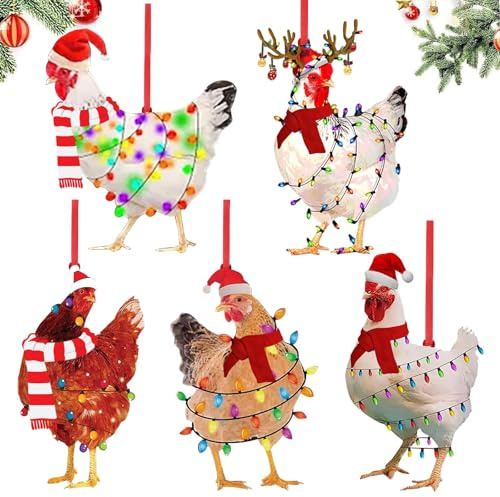 Weihnachtsbaum Anhänger Deko, 5 PCS Christbaumschmuck Huhn, Holz Weihnachtsanhänger Huhn, Weihnachtsbaumschmuck Lustig für Weihnachtsfeiern, Thanksgiving, Geburtstagsfeiern (A)