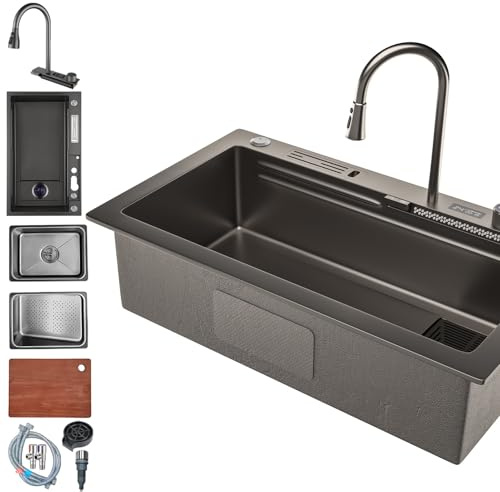 YCVAWEOD Obere Montage Wasserfall Küchenspüle Workstation, Edelstahl Nano Single Bowl Bar Waschbecken mit Auszugshahn, Tasse Waschmaschine und komplettem Zubehör, ruhiger Spülenbetrieb (Schwarz LWX