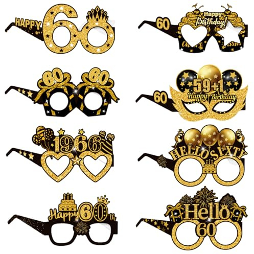 8Stk Geburtstag Party Brille Dekoration,Papierbrillen-Dekorationen zum 60. geburtstag für Männer Frauen,Lustige Papier Geburtstags Brille Deko,Geburtstags Photo Booth Requisiten,60th Geburtstagsbrille