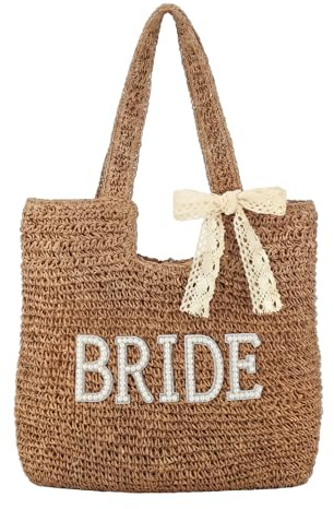 Bridal Shower Gift, Bride Tote Bag, Straw Purse, Honeymoon Beach Bag for Bride to Be, Bachelorette Wedding Gifts(Brown,Bridal)
