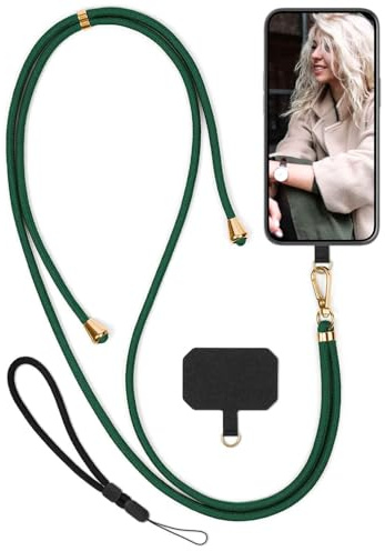 moex Unleash für iPhone 17 Handyband zum Umhängen ohne Hülle, Handykette Universal mit Karabiner, Handy Band abnehmbar, Kette mit Pad für Handyhülle, Grün, Gold