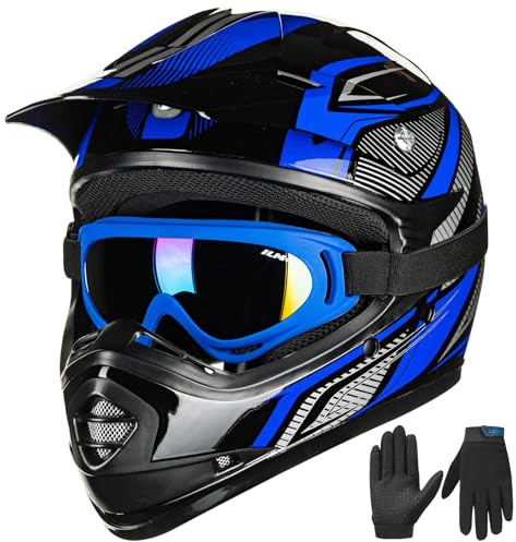 ILM Enfant Casque Moto Cross Dirt Bike Garçon et Fille pour Jeune Unisexe Homologué ECE22.06 Full Face Off Road VTT ATV Enduro MTB avec Goggle Gants Modèle B07,Noir Bleu,L