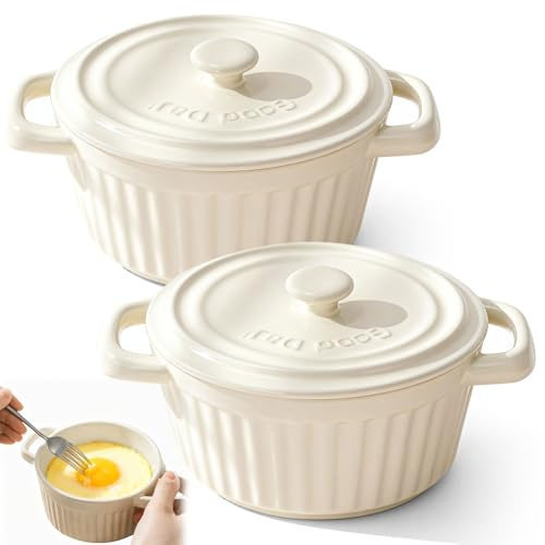 Mini Cocotte con coperchio, piccola pirofila in porcellana con manici, in ceramica, piccoli pirottini da forno per lasagne, soufflé, forno, microonde lavastoviglie (bianco L 2 pezzi)