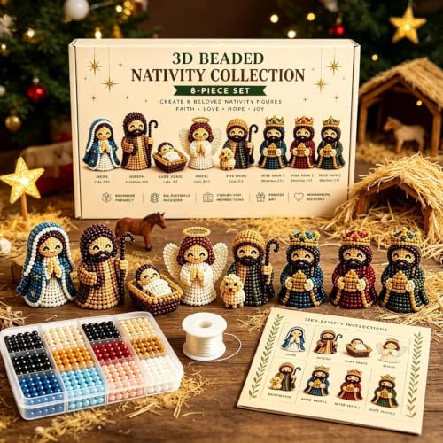 Uomianty 3D Perlen Krippenfiguren Set, 3D Perlen Krippen Bastel Set, Krippenfigur Aus Perlens Weihnachts Stickset, Für Männer, Frauen, Erwachsene, Freunde