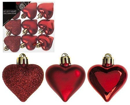 Toyland® Pack Of 9-5cm Heart Baubles - Shiny Matte & Glitter Design - Christmas Tree Decorations (Red)