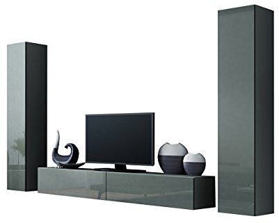 Wohnwand VIGO IV Anbauwand Modernes Wohnzimmer Set, Mediawand, Hängeschrank Vitrine, TV-Schrank (Grau/Grau Hochglanz)