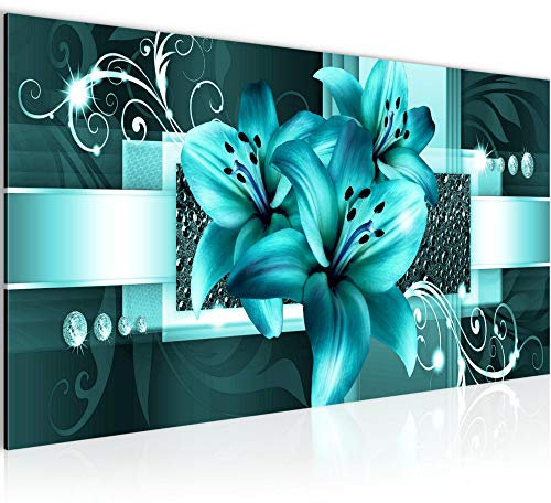 Runa Art Wandbild Blumen Lilien 1 Teilig 100 x 40 cm Modern Bild auf Vlies Leinwand Abstrakt Wohnzimmer Türkis 008612a
