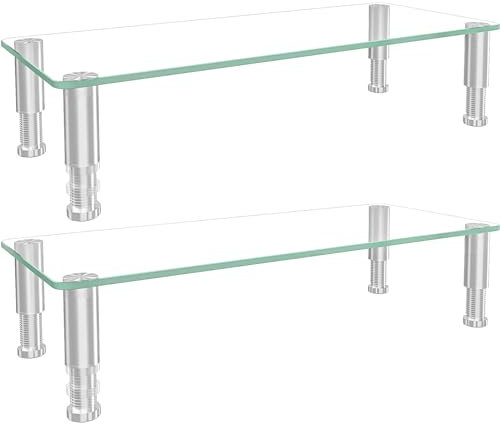 2 Pack Computer Monitor Stand Riser with Height Adjustable 56cm x 24cm Multi Media Desktop Stand for PC Computer Monitor | Laptop and TV Clear Glass computer