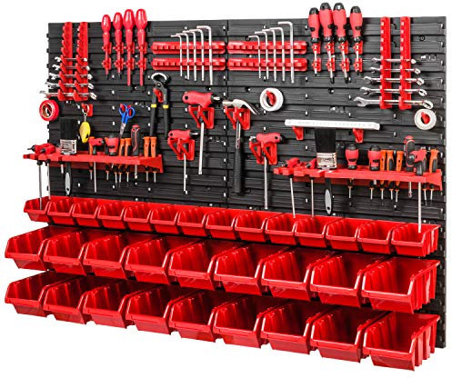 PAFEN Scaffale da officina, sistema di magazzino, 1152 x 780 mm, mensola da parete con scatole impilabili rosse e portautensili, scaffalatura da parete extra forte