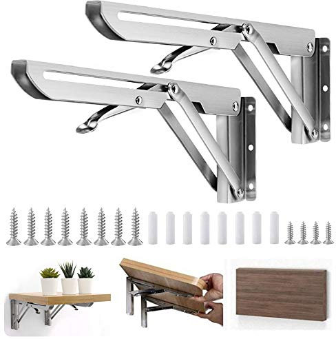BUZIFU Klappkonsole 300mm, 2 Stück Edelstahl Klapptisch Scharnier Schwerlastkonsole Klappkonsolen Klappscharniere Klappregalhalterungen Klappträger Wandhalter für Tischplatten, Tragkraft: 60kg