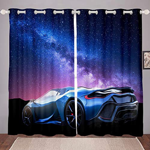 Tbrand Galaxis Auto Fenstervorhang 137x117cm Blau Rennwagen Vorhänge für Jungen Jugendliche Universum Sternenhimmel Sportwagen Blickdichte Vorhänge Extremsport Themendesign