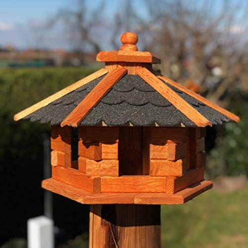 DARLUX Handgefertigtes Sechseck Vogelhaus aus Holz wetterfest M - XXL mit und ohne Ständer, Futterhaus, Futterhäuschen (Größe M ohne Ständer, Schwarz - Braun)