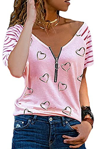 ORANDESIGNE Damen Muttertag Kurzarm T-Shirt Herzmuster Drucken Tee Shirt Sexy Schulterfrei Oberteile Casual Grafikdruck Pullover Tunika Tops J Rosa XXL