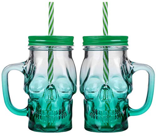 PRETYZOOM 2 Pack Mason Jars Mugs, 500ML Glass Skull Mason Drinking Mugs Tumbler Cup with Lid and Straw, Halloween Skull Gradient Color Glass Cup for Beverage, Brandy, Liquor, Jello