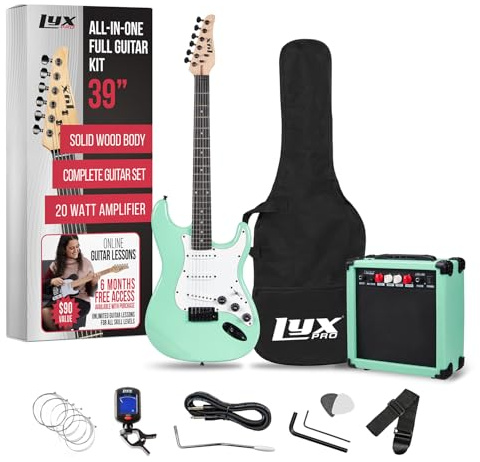 LyxPro - Kit per chitarra elettrica da 39 pollici con amplificatore da 20 W, tutti gli accessori, accordatore digitale a clip, sei corde, due plettri, barra tremolo, tracolla, kit di