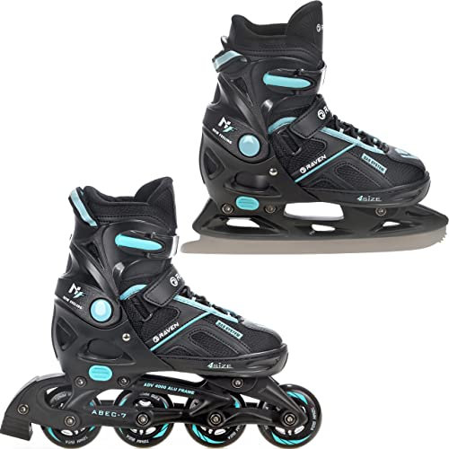 Raven Pulse Inline Skates Inliner für Kinder und Erwachsene OPTIONAL 2in1 mit Schlittschuhen verstellbar (Black/Cyan mit Kufen, 40-43 (25,5-28cm))