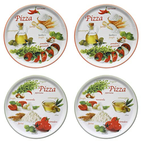 MamboCat Set di 4 piatti da pizza Napoli Green & Red I Ø 32 cm – Grandi I 4 persone I piatti con 2 diversi motivi I Decorati I per pizza o per la tavola I porcellana