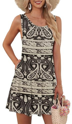 AUSELILY Women's Summer Sleeveless Crew Neck Floral Casual Tank Dress with Pockets Boho Black,2XL