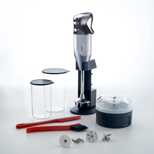 bamix Stabmixer Set M350 MAXX inkl. Ständer, 2 Becher, 4 Aufsteckteile, Processor, Spachtel, Reinigungsbürste, 300 Watt, Made in Switzerland, Silberbeschichtung/Chrom