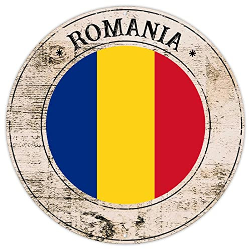 Cartel de metal con bandera nacional de Rumanía con bandera nacional de Rumanía, letrero rústico vintage de porche de recuerdo de país, letrero de metal de calidad, letrero redondo de Rumania para