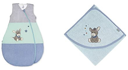 Sterntaler Funktionsschlafsack für Kleinkinder, Esel Emmi, Ganzjährig, Wärmeregulierung, Reißverschluss, 90 cm, Blau/Mehrfarbig & Baby Handtuch Kapuze - Kapuzenhandtuch Baby EMMI
