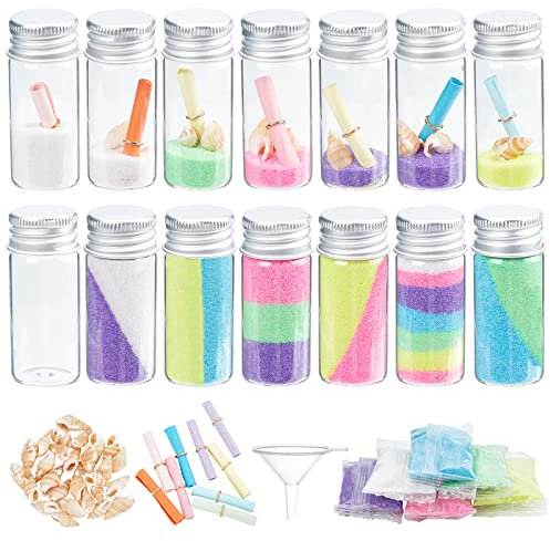 WEBEEDY 16 Stück Kinder Flasche Sand Kunst Basteln DIY Farbiges Sandhandwerk Set Inklusive Wunschflaschen Bunte Sandstrände Muscheln Nachrichtenpapier Geburtstag Weihnachten Geschenk
