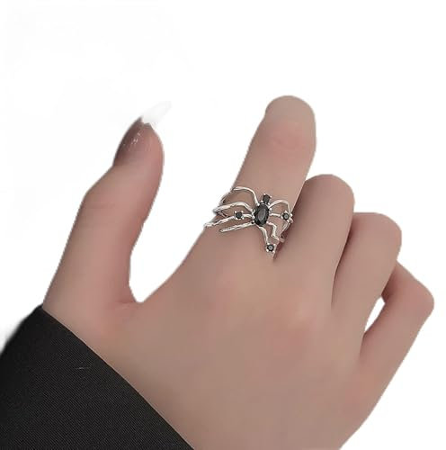 TseenYi Goth Spinne Ring Silber Spinne Oxidiert Ring Schwarz Kristall Spinne Stretch Ring Tier Ring Cosplay Cocktail Party Biker Ring Schmuck Für Frauen Und Mädchen Geschenke