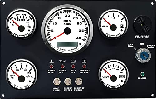 MOTOR METER RACING W Pro Instrument Panel - 85mm Rev Counter & 52mm Volt, Fuel, Water Temp, Oil Pressure Gauges - 12V White Dial Red LED - for Boat Marine Yacht