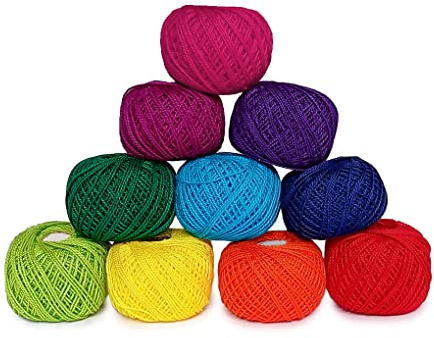 KGS Crochet Thread Cotton Yarn Balls | Size 8 | 10 Balls | 10 Grams Each Ball | Total 100 Grams of Pearl Cotton Thread for Crocheting, Cross Stitch, Needlepoint Hand Embroidery (Vibrant Rainbow)