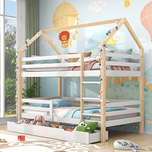 MYBOO Ins und aus dem Bett kommen, Doppelbett, Kinderbett in Hausform, große Schubladen, Kiefernholz Haus Bett for Kids, Farblich abgestimmtes Kinderbett, 90 x 200 cm, ohne Matratze, weißund Holzfarbe