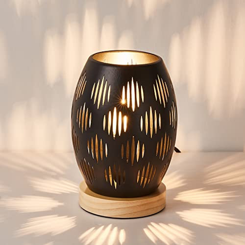 wiheajuora Kleine Nachttischlampe, Schwarze Nachttischlampe mit hohlem Metallschirm und Holzsockel für Büro, Heimdekoration, E14 (ohne Glühbirne)