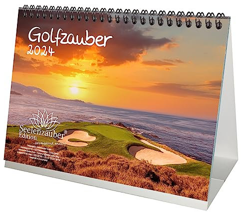 Golfzauber DIN A5 Tischkalender für 2024 Golf und golfen - Geschenkset Inhalt: 1x Kalender, 1x Weihnachts- und 1x Grußkarte (insgesamt 3 Teile)