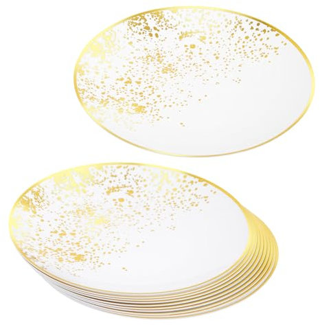 euro disposables Pack of 10 White and Gold 8 Plastic Dinner Plates 20cm - Golden Dots Sparkle Effect Party Plates Great for Weddings, Parties, Picnics and Events