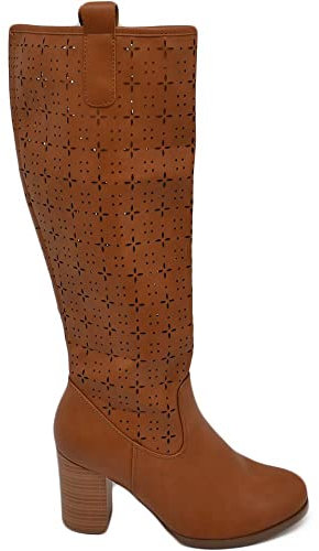 Malu Shoes Stivale estivo donna cuoio traforato con zip tacco alto largo 9 cm comodo al ginocchio punta tonda (39 EU)