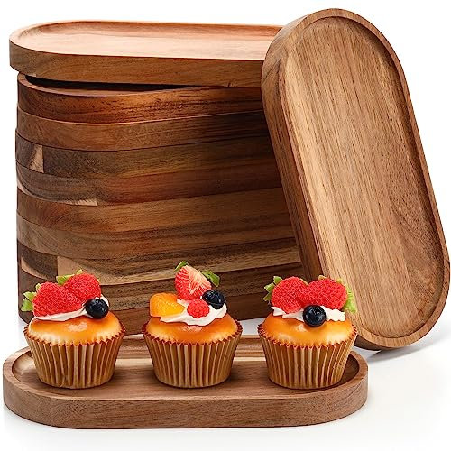 Geetery 12 bandejas de madera de acacia para servir de 10 pulgadas, plato ovalado de madera para servir, platos ovalados de charcutería, plato de queso de madera, bandeja de madera de frutas, tabla de