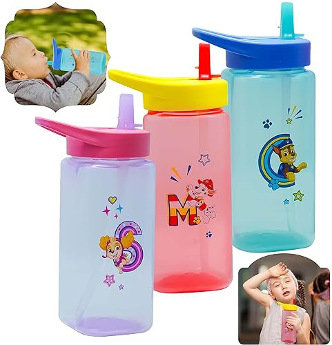 Botella de agua de la Patrulla Canina con popote, botella de agua de plástico de 420 ml, botella de agua cuadrada sin BPA, para niños de más de 6 meses