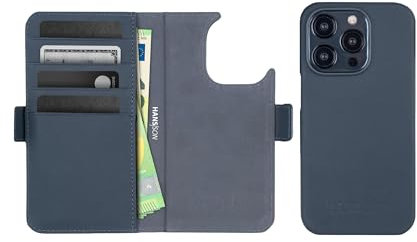 HANS/SON Handyhülle aus Echtleder kompatibel mit iPhone 15 Pro Max, Navy Blau, Lederhülle mit Kartenfächern und MagSafe, stoßfeste Klapphülle