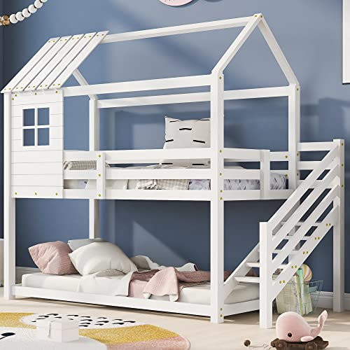Juabett Kinderbett Hausbett 90 x 200 cm mit Ecktreppe, Massivholz Kinder Hochbett mit Fallschutz und Gitter, Etagenbett für 2 Kinder,Massivholz Kinderbett, Jugendbett,Ohne Matratze