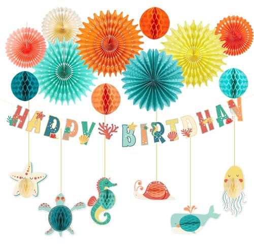 Under The Sea Party Decorations Happy Birthday Banner Paper Fans Ocean Sea Animal Honeycomb with Coral Starfish Sea Turtles Ocean Birthday Decorations Hanging Sea Creature Decoration for Party