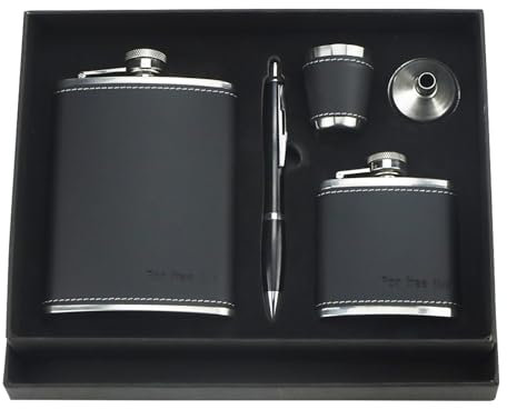 GIGIIS Flasque à whisky 2PCS Flasque de Poche Portable en Acier Inoxydable (8oz/227ml,3oz/85ml) Fiole Alcool Poche avec Entonnoir, Tasse, Stylo pour Randonnée, Camping, Escalade, Pique-Nique (Noir)