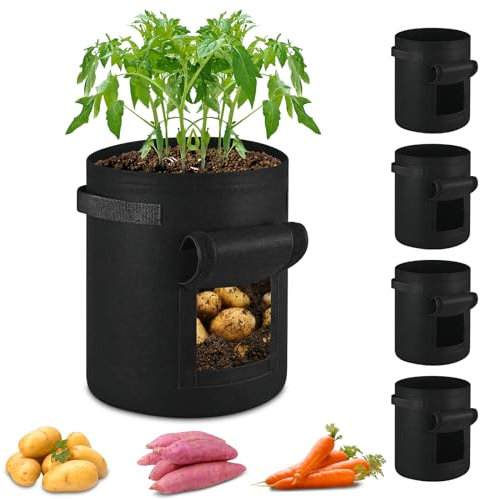 ECCOGREAT 5 X 27L Pflanzsack aus Vlies Stof,260g/m²Tomaten Kübel Pflanzkübel mit Fenster und Starken Griffen für Kartoffeln,Tomaten,Erdbeeren,Blumen,Pflanzen und Grow Vegetables Potato Carrot-Black