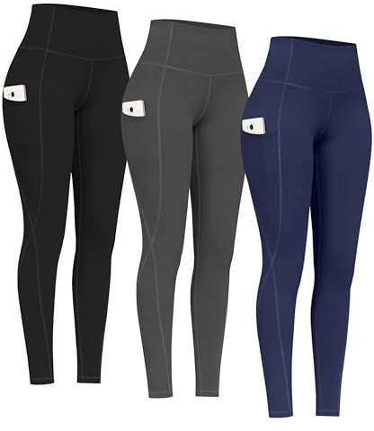 PHISOCKAT Yogahose mit hoher Taille, Bauchkontrolle, Workout, 4-Wege-Stretch-Yoga-Leggings, 2 Stück, Schwarz, Marineblau und Grau, S