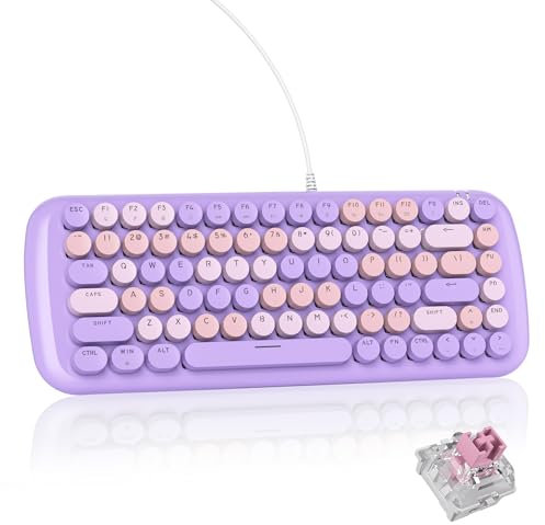iRoboosta Purple Creamy Mechanical Gaming Keyboard, Aesthetic Keyboard w/White Backlit, 84 Keys Cute Retro Typewriter Computer Keyboard Wired w/Pink Switch, Round Keycap for Windows/PC/PS5 (Purple)