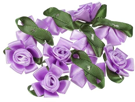 PATIKIL Mini Satin Ribbon Roses, 30 Pcs Small Rosettes Fabric Flowers with Green Leaves for Craft Projects Embellishments Applique, Purple