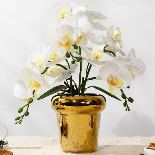 JARELING Faux Artificial Orchid Flowers in Vase, Real Touch Orchid in Pot Orquideas Fake Flowers for Home Decoration Indoor Decor Living Room Dinning Table Centerpiece (Gold Vase, White)