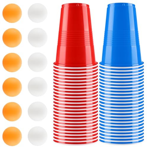 Auauraintt Ensemble de gobelets à bière-Pong, 50 Biere Pong(16oz) avec 12 Balles de Ping-Pong, gobelets réutilisables, pour Jeux à Boire, fêtes, Anniversaires, Festivals, Mariages, Camping