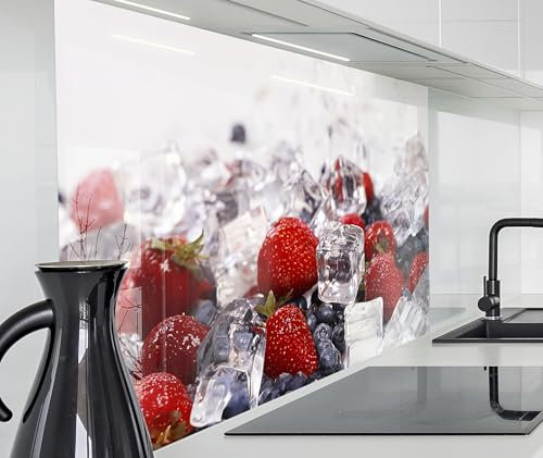 timalo Herd Spritzschutz Wand Spüle, Küche Küchenrückwand Glasoptik | Acryl Glas 2mm | Glasrückwand Acrylglas Küchenpaneele Rückwandschutz Platte | 160x50cm Früchte Erdbeeren Blaubeeren auf EIS