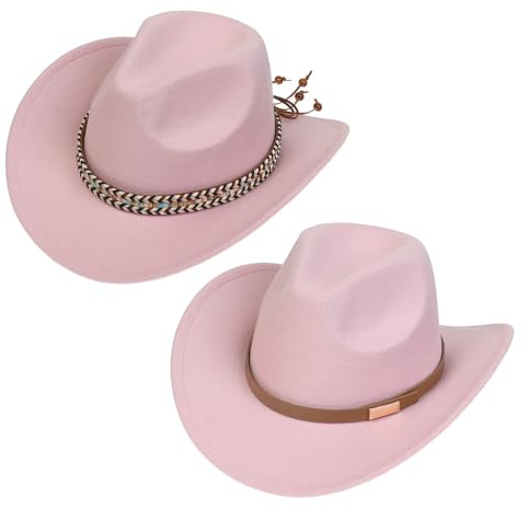 NiceYnn Classic Western Cowboy Hat Felt Wide Brim Cowgirl Hats Women, Adjustable Replaceable Hat Band Panama Hat for Adults Kids Pink